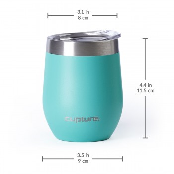 Cupture Stemless Wine Tumblers 12 ounce Vacuum Insulated Mug with Lids - 18/8 Stainless Steel (Bright Teal)