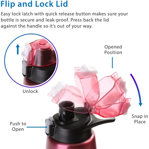 Cupture Action Bottle Flip Top with Handle - 22oz Double Wall Vacuum-Insulated Stainless Steel Water Bottle (Pink)