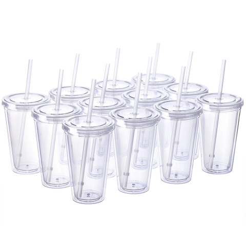 12 OZ Reusable Plastic Cups, 10 Pack Plastic Tumblers with Lids