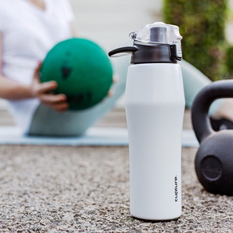 Cupture Action Bottle Flip Top with Handle - 22oz Double Wall Vacuum-Insulated Stainless Steel Water Bottle (White)