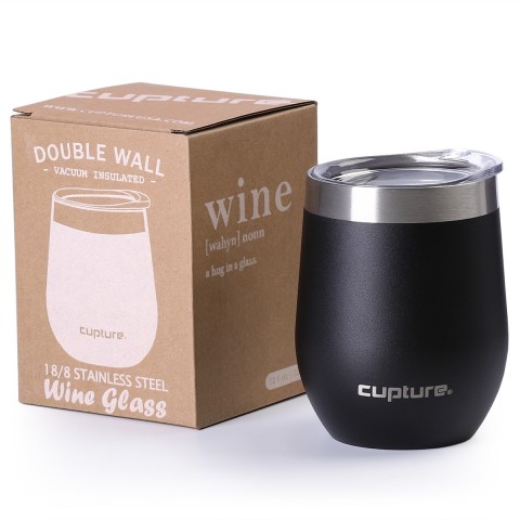 Cupture Stemless Wine Tumblers 12 oz Vacuum Insulated Mug with Lids - 18/8 Stainless Steel (Jet Black)