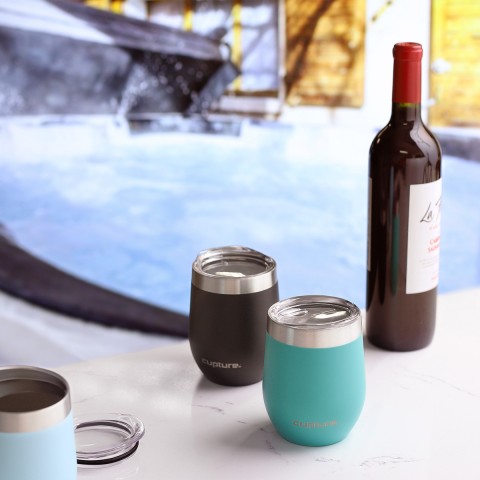 Cupture Stemless Wine Tumblers 12 oz Vacuum Insulated Mug with Lids - 18/8 Stainless Steel (Glacier Blue)