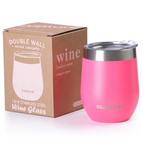 Cupture Stemless Wine Tumblers 12 oz Vacuum Insulated Mug with Lids - 18/8 Stainless Steel (Hot Pink)