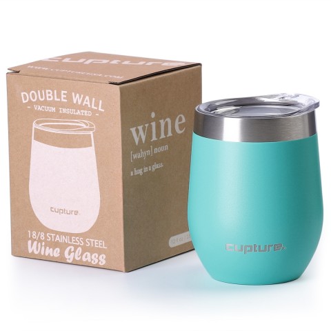 Cupture Stemless Wine Tumblers 12 ounce Vacuum Insulated Mug with Lids - 18/8 Stainless Steel (Bright Teal)